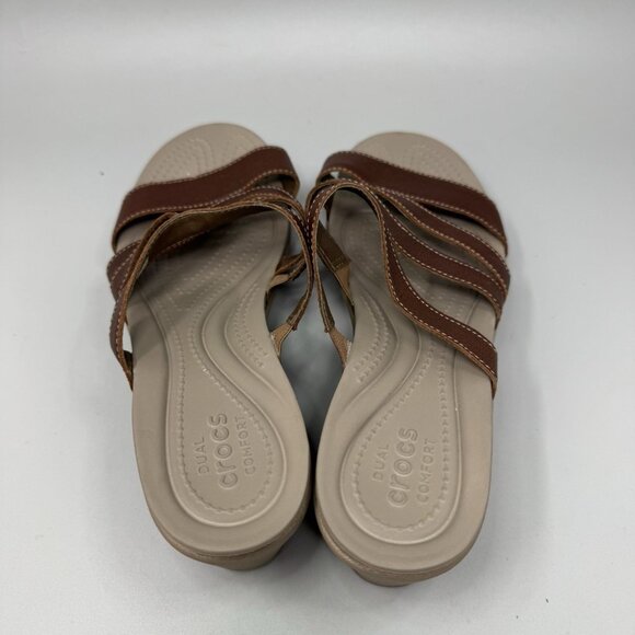 Crocs Womens 9 Brown Leather Strappy Mini Wedge Sandals Slides Leigh Ann 204730 - Picture 7 of 9